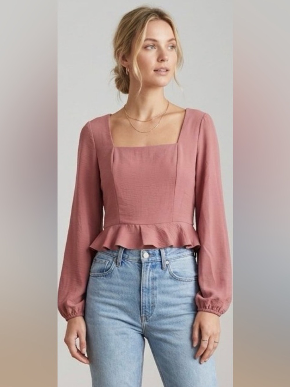 Women's Square-Neck Peplum Blouse in Dusty Rose